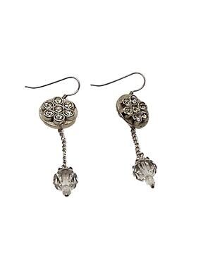 Rhinestone button and crystal earrings Silver tone Handmade